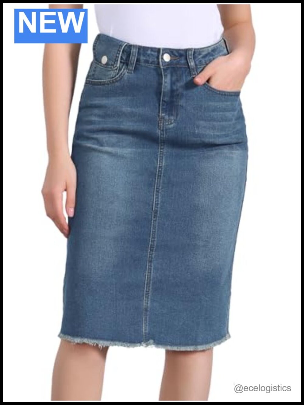 High Waist Raw Hem Stretch Midi Denim Skirt A-Line Flared